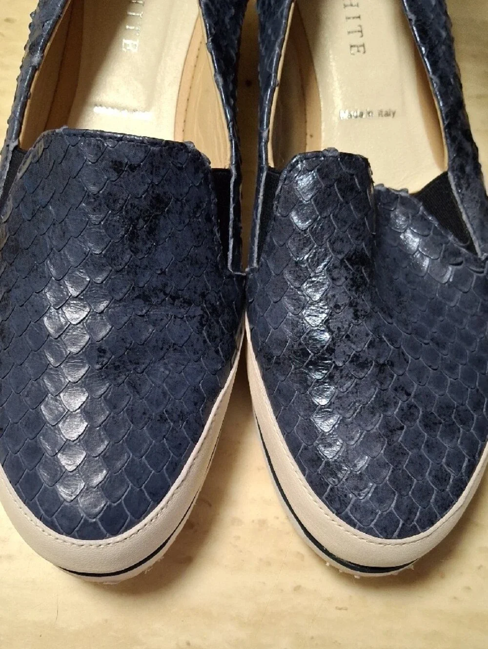 Ron White Navy Snake-Embossed Slip-On Flats with Cream Sole Size 38